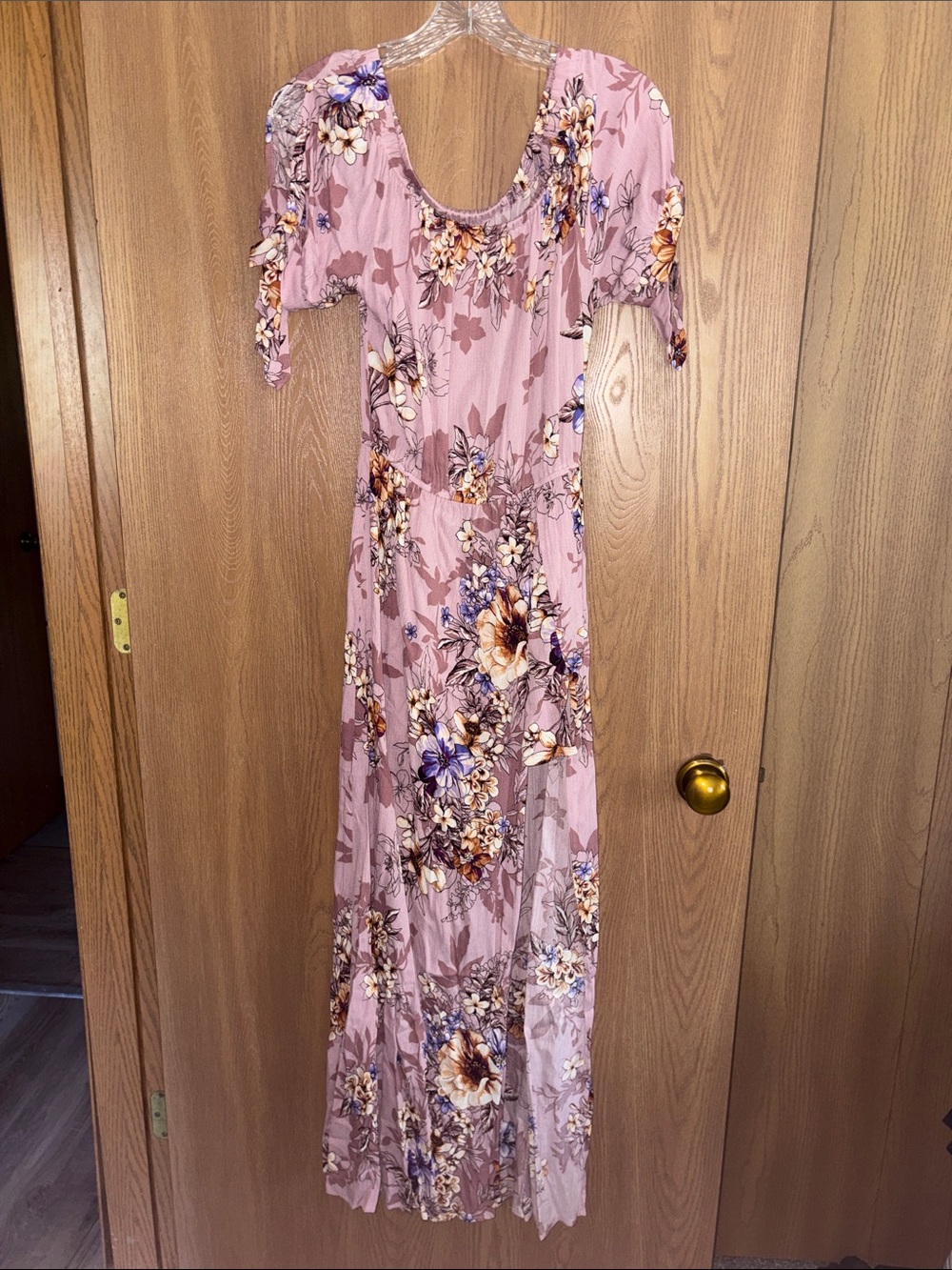 Band of Gypsies Mauve Pink Floral Maxi Dress with Tie Sleeves